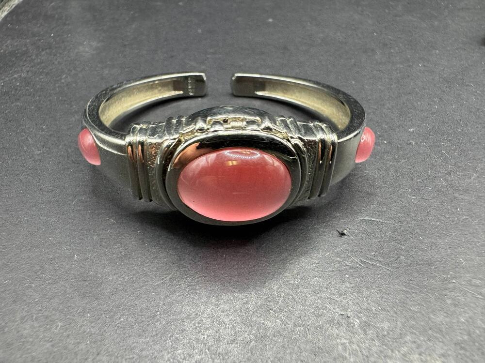 Studio Time ST02572 Cuff Watch Silver Tone Pink Stone Fashion Analog Bracelet